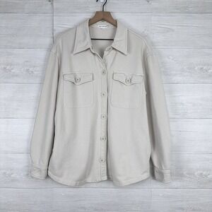 Good American Shacket Shirt Jacket Size 3/4 Large Button Up Cotton Terry Cream‎